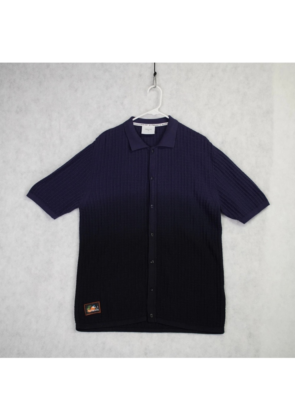PERCIVAL  Dip Dab Ribbed Short Sleeve Organic Cotton Cardigan Mens Large Navy